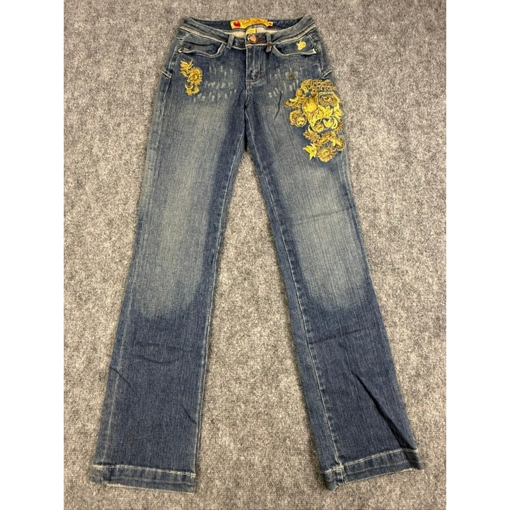 Apple Bottoms Womens Size 4 Blue Embroidered Gold Floral Y2K Straight Jeans NWT